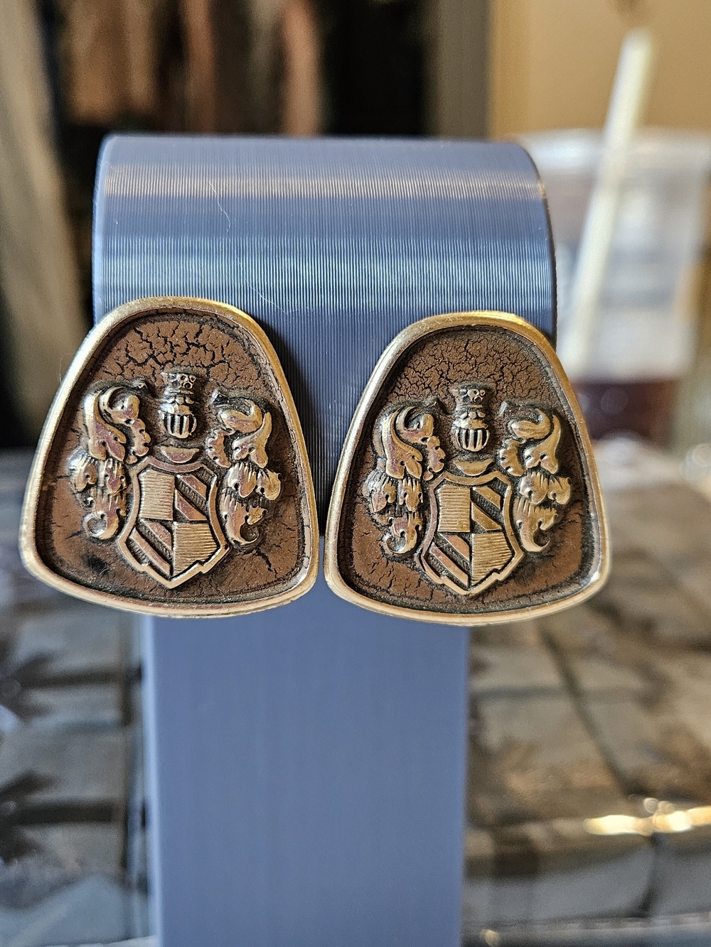 Vintage Shield Crest Earrings in Bronze and Gold Tones.